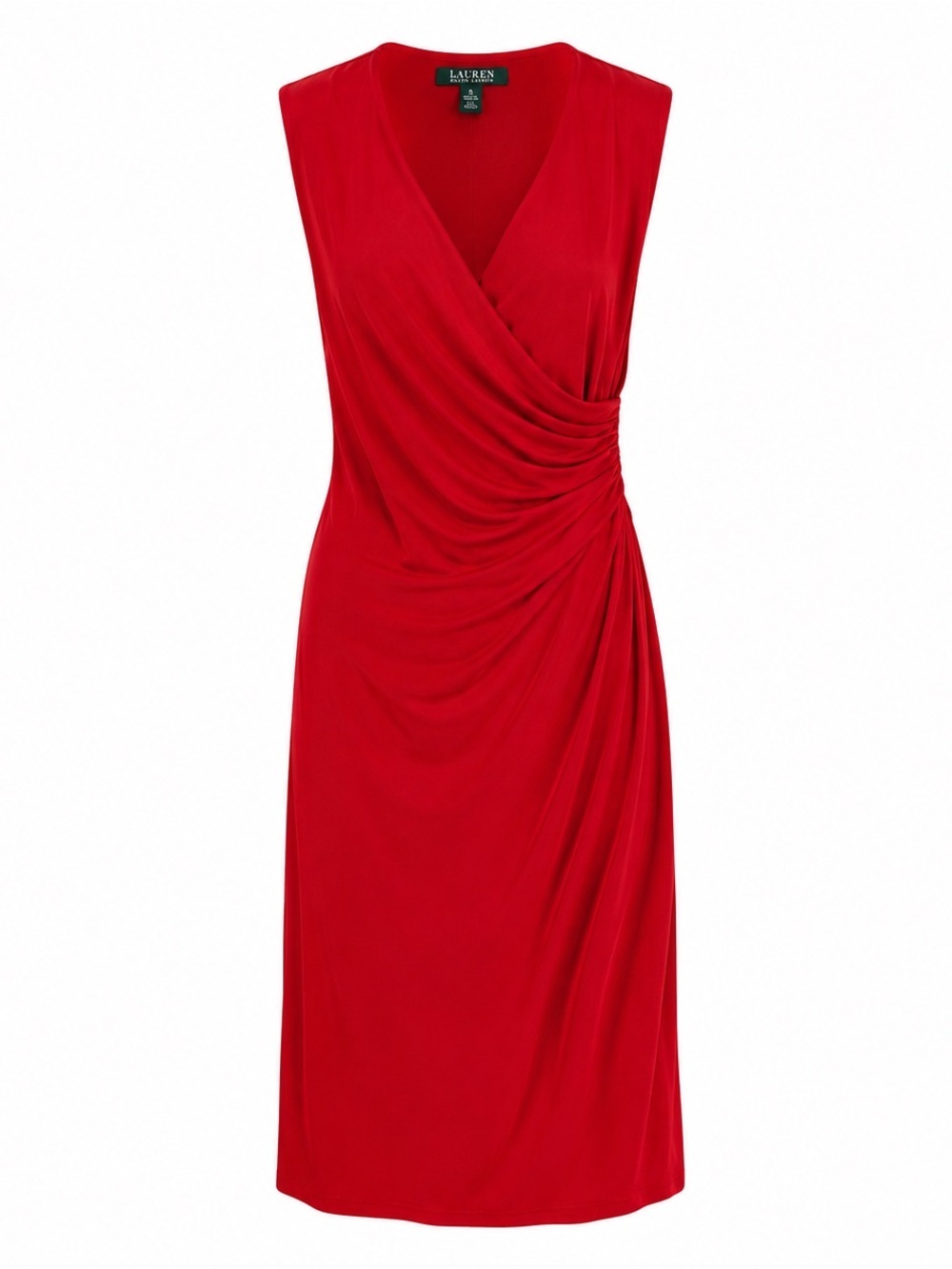 RALPH LAUREN Women’s Red Sleeveless V-Neck Faux-Wrap Midi Dress Size Small